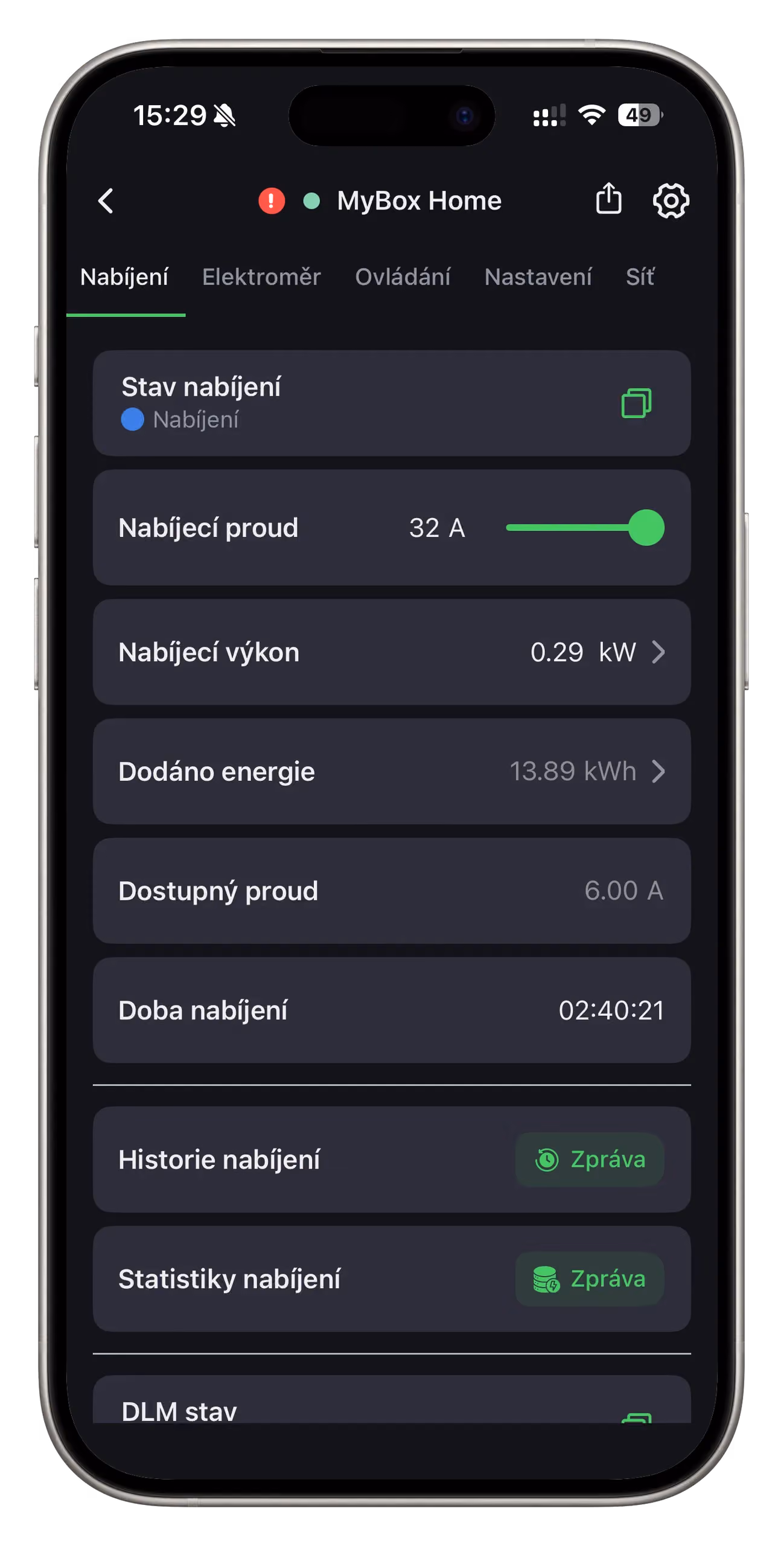 Přehled o nabíjení v aplikaci MyBox