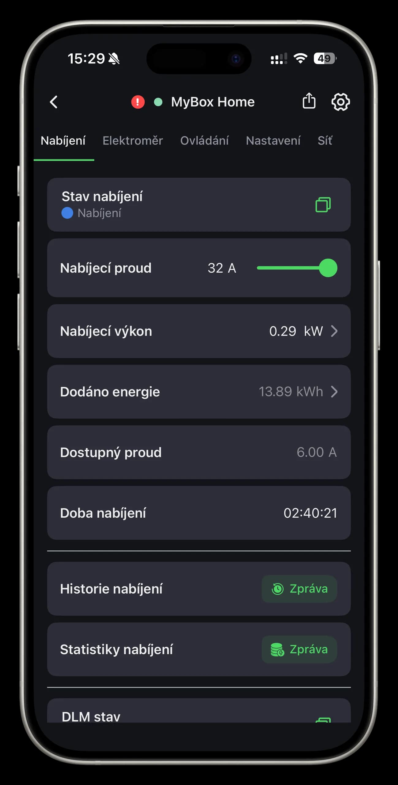 Přehled o nabíjení v aplikaci MyBox